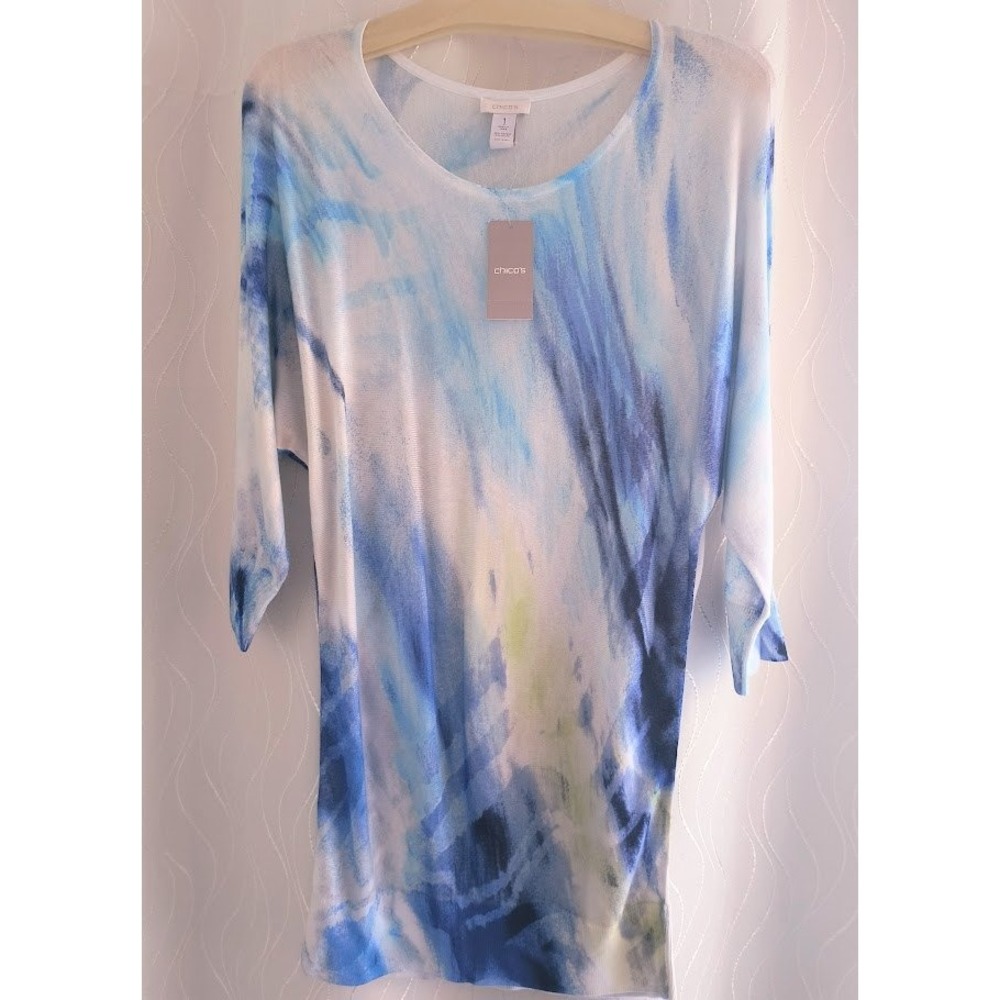 Chicos Darla Dolman Sweater Monterey Bay‎ Abstract Watercolor Blue White Size 1